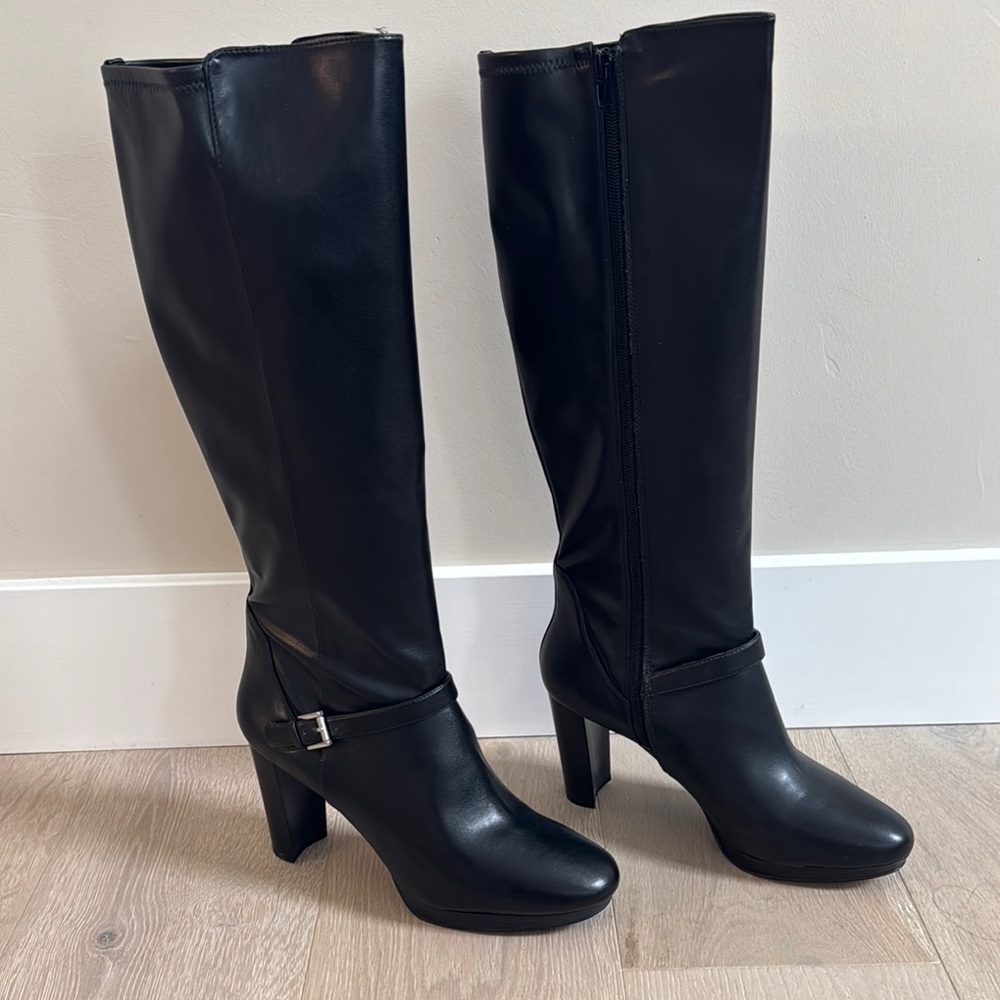 TRENDING Nine West Black Stretch Faux Leather Knee-High platform Boots - Sz 11